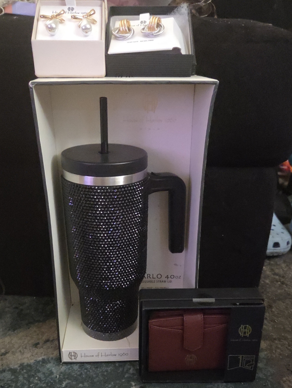 House of Harlow 1960 Blk Rhinestone Tumbler w/Handle, 2 PairsOf Earring & Waĺlet